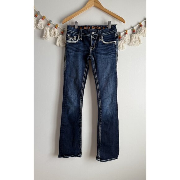 Rock Revival Sherry Bootcut Low Rise Embellish Rhinestone Dark Wash Jeans Y2k 25 - Picture 1 of 9